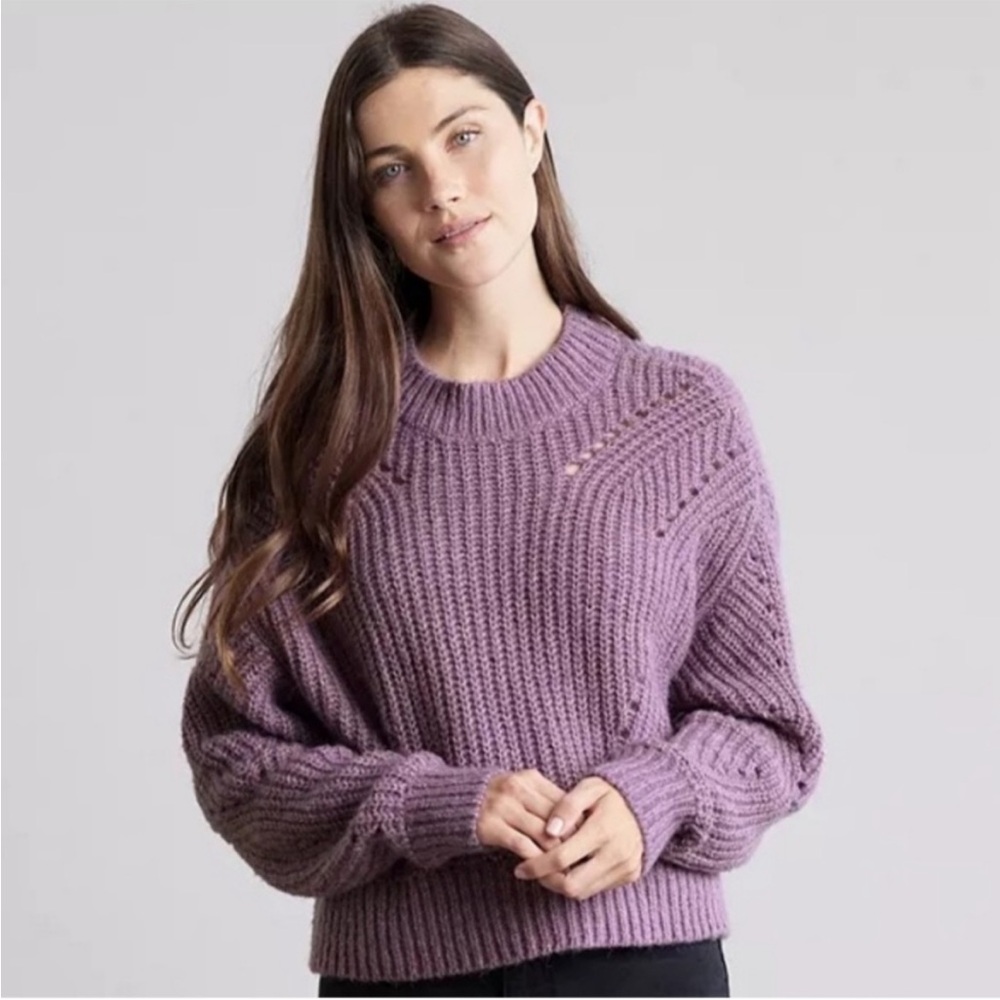 NWOT Elizabeth and James Open Stitch Crew Neck Cropped Sweater Shimmer Purple